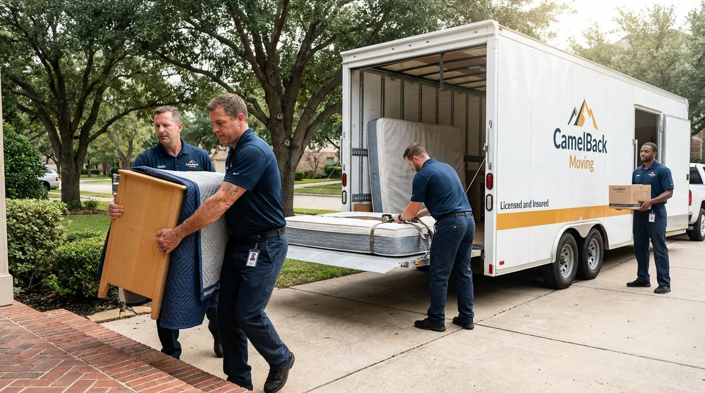 Crew loading residential truck for cross-state move from McClusky, ND
