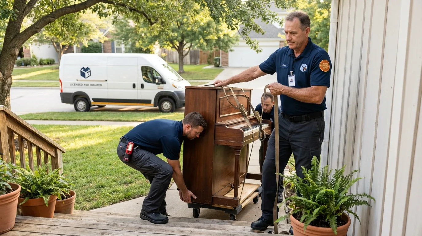 Licensed piano movers securing grand piano in McClusky, ND