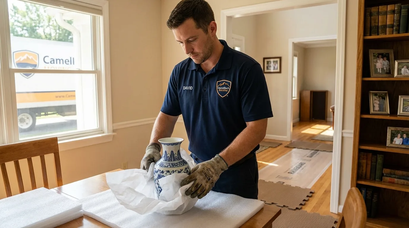 Professional crew carefully wrapping antique vase for senior downsizing move in McClusky, ND