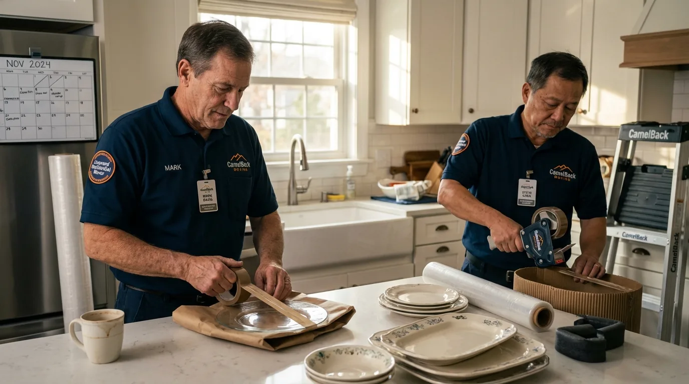 Professional crew packing kitchen dishware in McClusky, ND